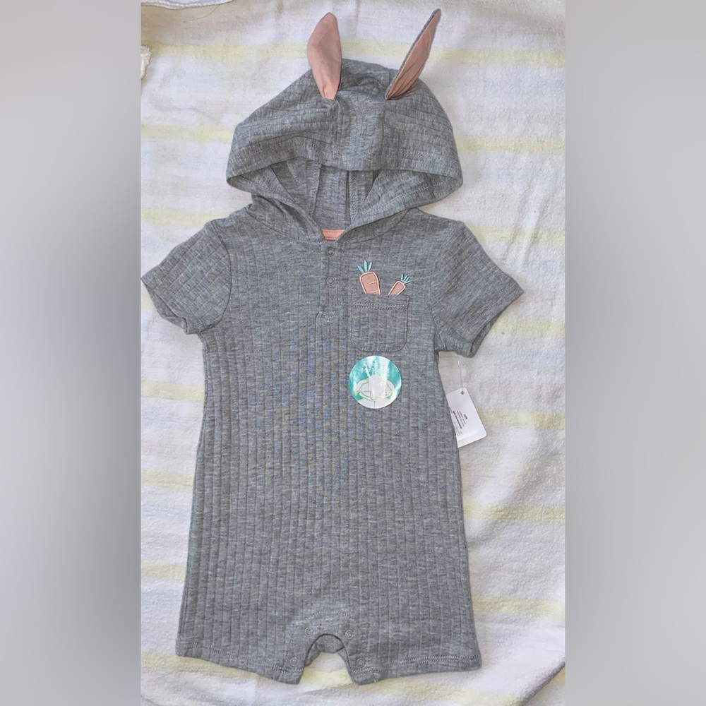 Gray Hooded Baby Romper Bunny Ears Easter outfit  Easter bunny carrots 12 months